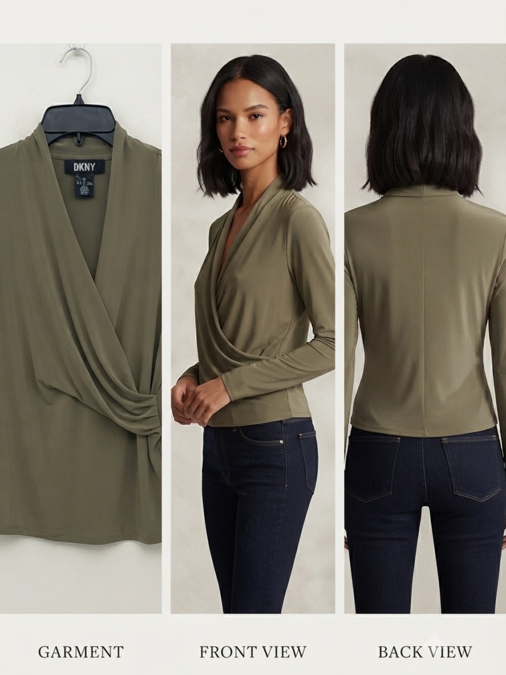 DKNY Olive Green Surplice Crossfront Long Sleeve Knit Top Size L - Picture 5 of 12